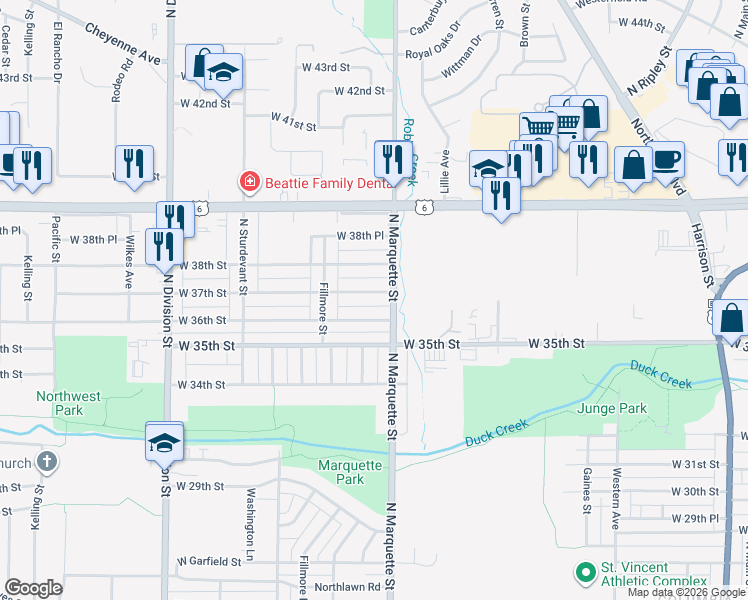 map of restaurants, bars, coffee shops, grocery stores, and more near 1340 West 37th Street in Davenport