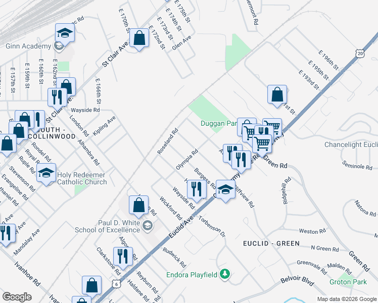 map of restaurants, bars, coffee shops, grocery stores, and more near 1668 Cliffview Road in Cleveland