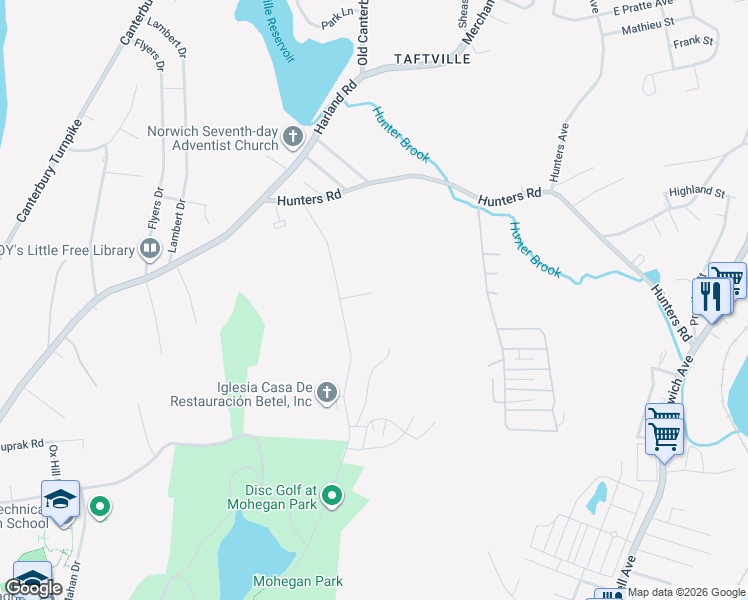 map of restaurants, bars, coffee shops, grocery stores, and more near 365 1/2 Mohegan Park Road in Norwich