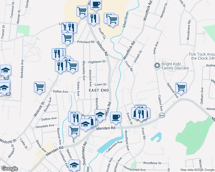map of restaurants, bars, coffee shops, grocery stores, and more near 47 Stillson Road in Waterbury