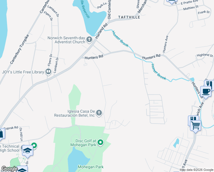map of restaurants, bars, coffee shops, grocery stores, and more near 365 1/2 Mohegan Park Road in Norwich
