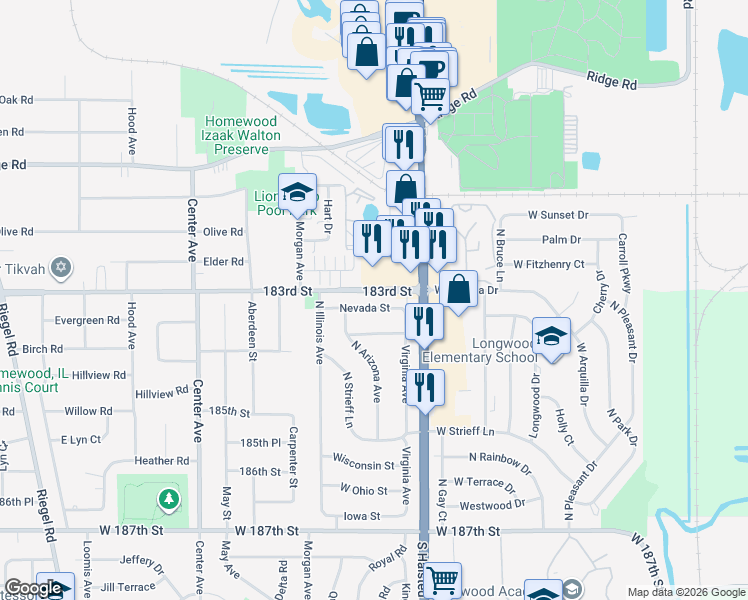 map of restaurants, bars, coffee shops, grocery stores, and more near 820 183rd Street in Homewood