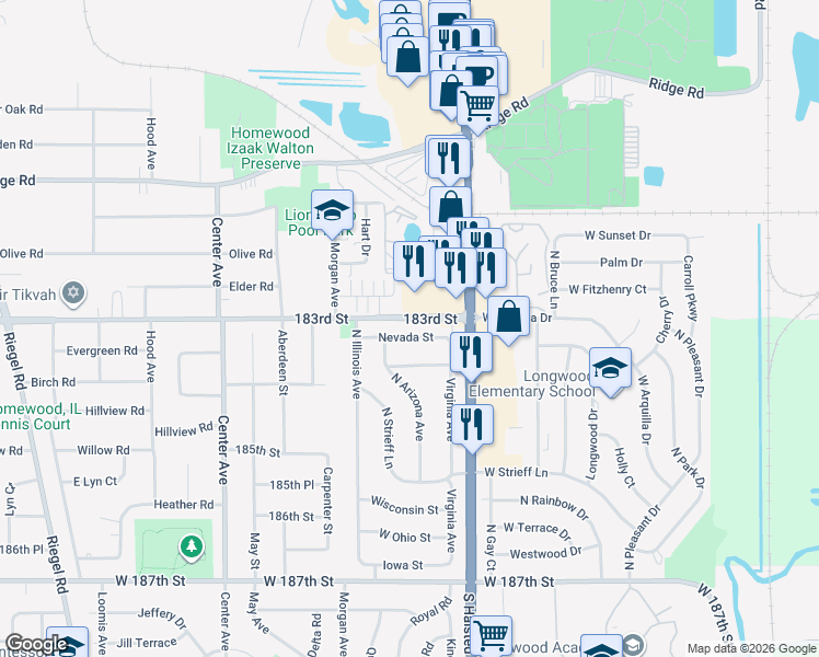 map of restaurants, bars, coffee shops, grocery stores, and more near 911 Elder Road in Homewood