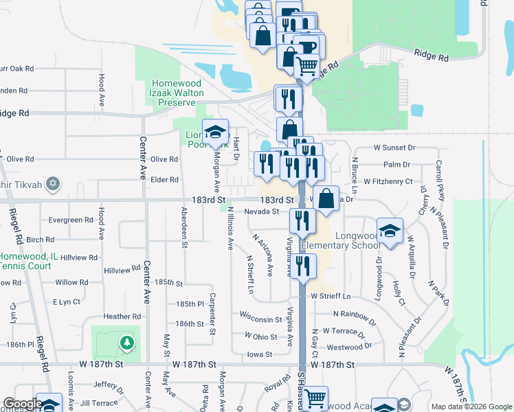 map of restaurants, bars, coffee shops, grocery stores, and more near 911 Elder Road in Homewood