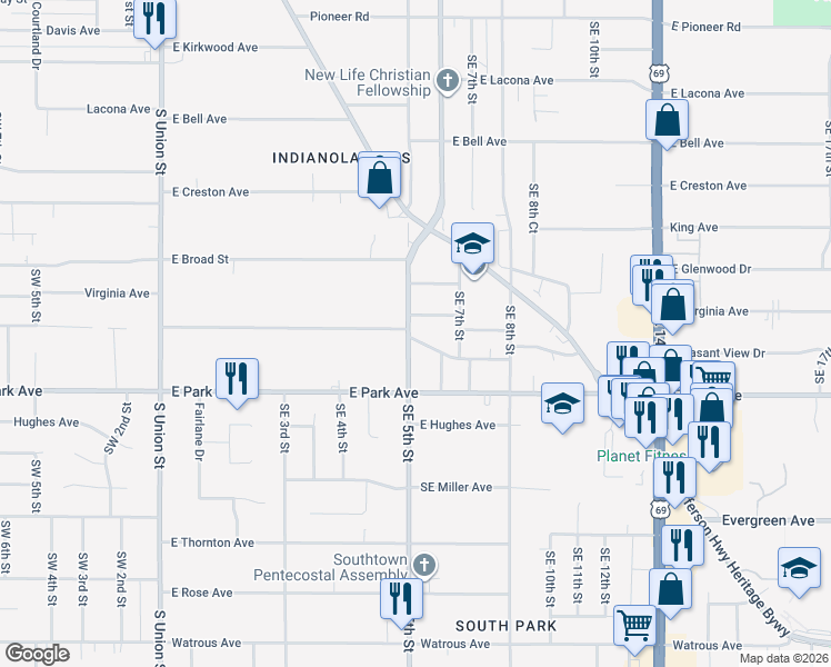 map of restaurants, bars, coffee shops, grocery stores, and more near 507 East Virginia Avenue in Des Moines