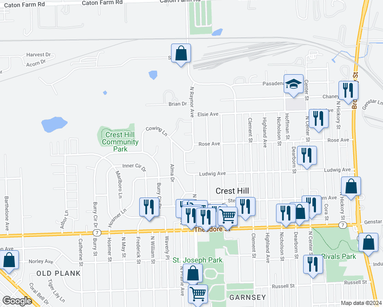 map of restaurants, bars, coffee shops, grocery stores, and more near 1854 North Raynor Avenue in Crest Hill