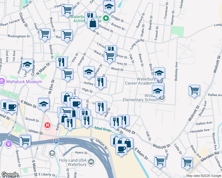 map of restaurants, bars, coffee shops, grocery stores, and more near 24 Vermont Street in Waterbury