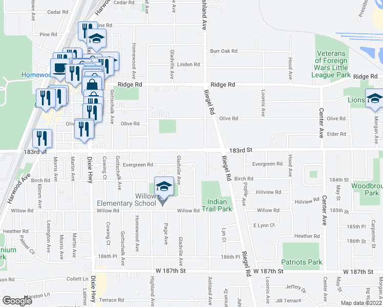 map of restaurants, bars, coffee shops, grocery stores, and more near 1631 183rd Street in Homewood