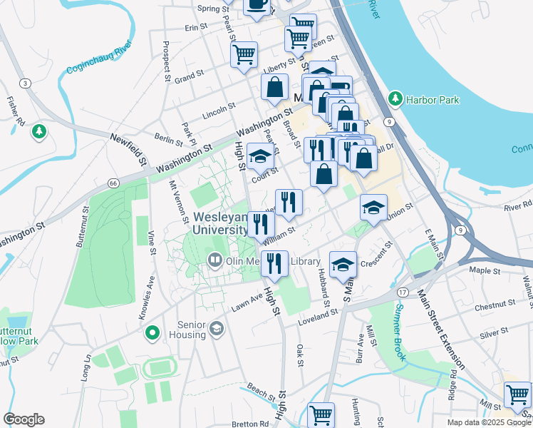 map of restaurants, bars, coffee shops, grocery stores, and more near 216 College Street in Middletown