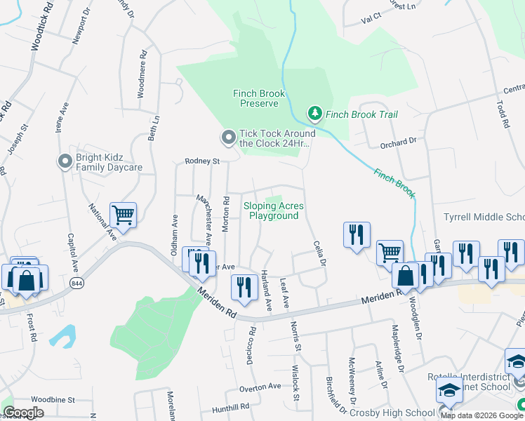 map of restaurants, bars, coffee shops, grocery stores, and more near 154 Townsend Avenue in Waterbury