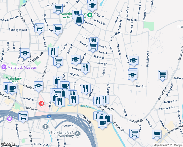 map of restaurants, bars, coffee shops, grocery stores, and more near 37 Vermont Street in Waterbury
