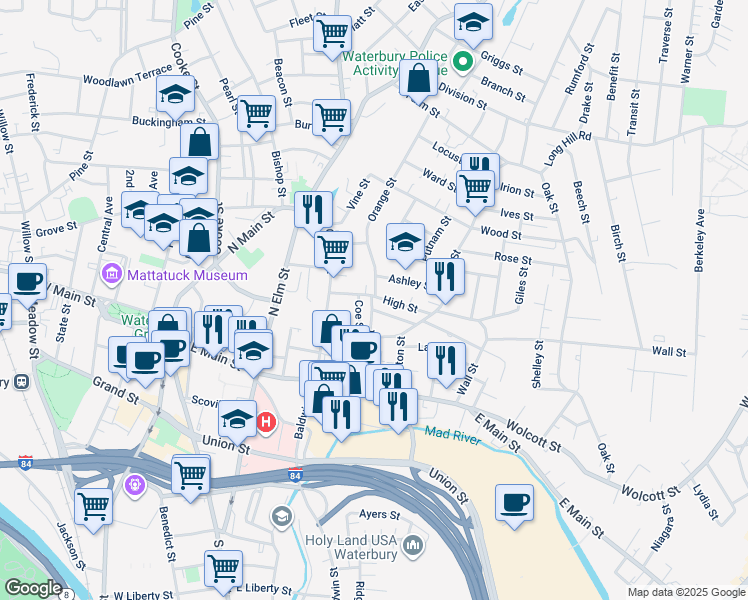 map of restaurants, bars, coffee shops, grocery stores, and more near 115 Orange Street in Waterbury