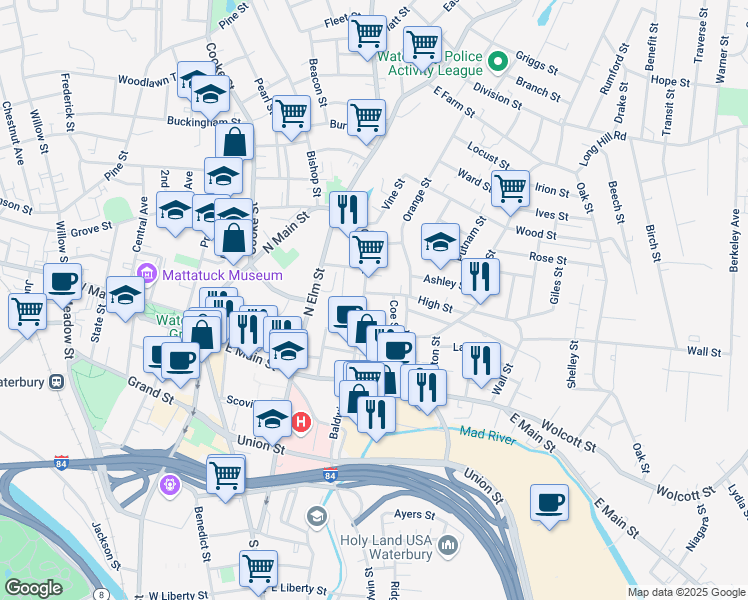 map of restaurants, bars, coffee shops, grocery stores, and more near 21 High Street in Waterbury
