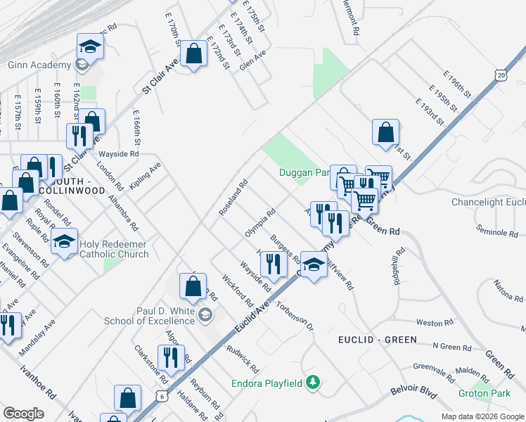 map of restaurants, bars, coffee shops, grocery stores, and more near 1668 Cliffview Road in Cleveland