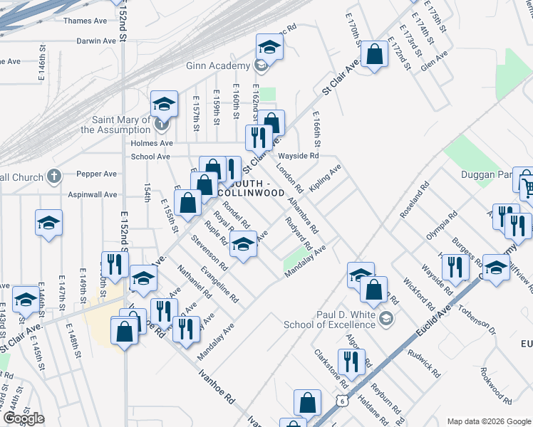 map of restaurants, bars, coffee shops, grocery stores, and more near 849 Whitcomb Road in Cleveland