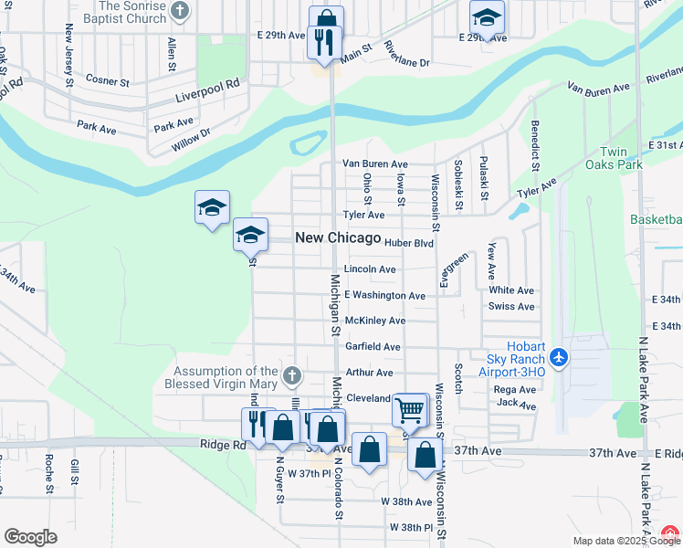 map of restaurants, bars, coffee shops, grocery stores, and more near 3315 Michigan Street in New Chicago