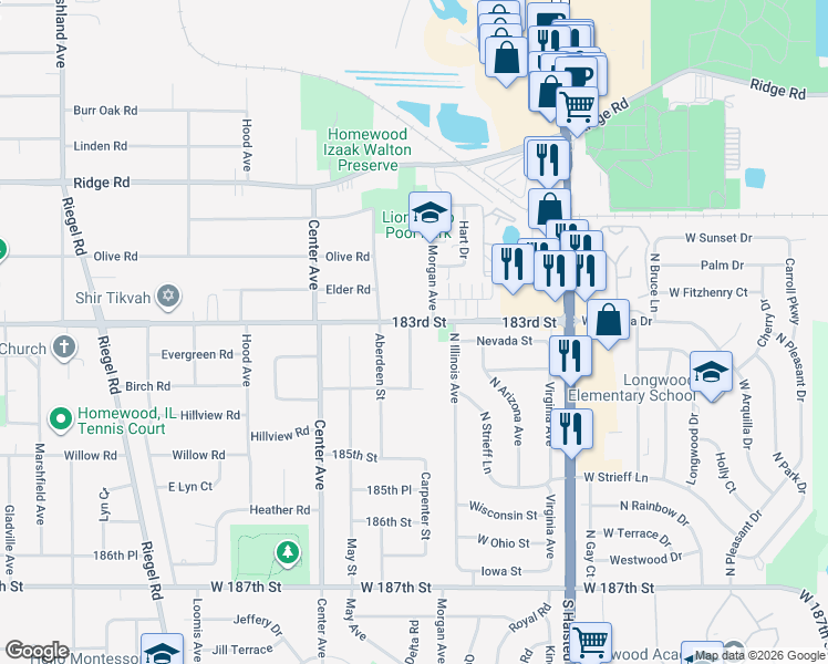 map of restaurants, bars, coffee shops, grocery stores, and more near 18311 Carpenter Street in Homewood