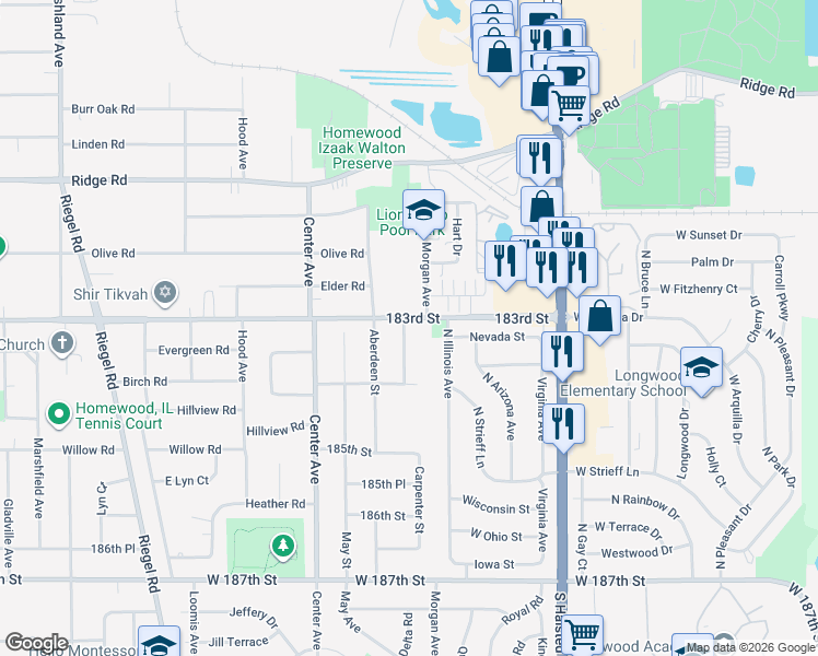 map of restaurants, bars, coffee shops, grocery stores, and more near 18311 Carpenter Street in Homewood