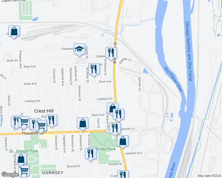 map of restaurants, bars, coffee shops, grocery stores, and more near 1813 Broadway Street in Crest Hill