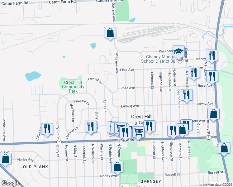 map of restaurants, bars, coffee shops, grocery stores, and more near 1854 North Raynor Avenue in Crest Hill