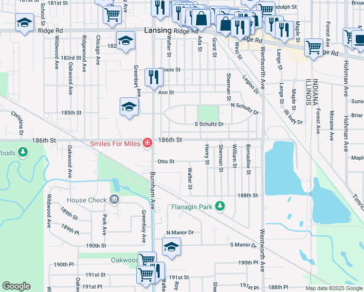 map of restaurants, bars, coffee shops, grocery stores, and more near 3260 186th Street in Lansing