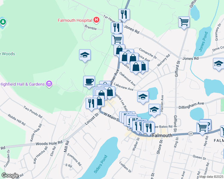 map of restaurants, bars, coffee shops, grocery stores, and more near 175 Palmer Avenue in Falmouth