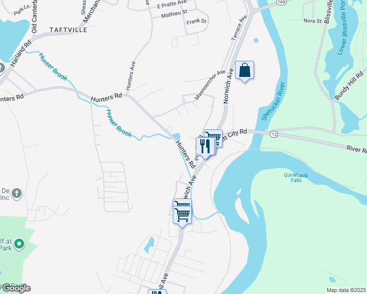map of restaurants, bars, coffee shops, grocery stores, and more near 9 Hunters Road in Norwich