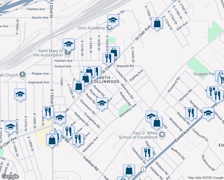 map of restaurants, bars, coffee shops, grocery stores, and more near 849 Whitcomb Road in Cleveland
