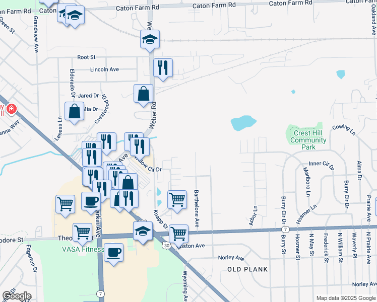 map of restaurants, bars, coffee shops, grocery stores, and more near 1829 Barthelone Avenue in Crest Hill