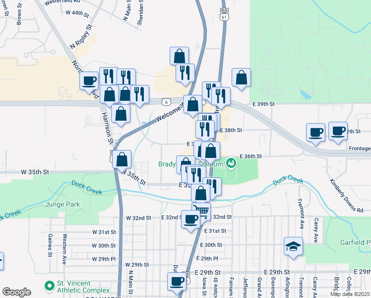 map of restaurants, bars, coffee shops, grocery stores, and more near 227 East 37th Street in Davenport