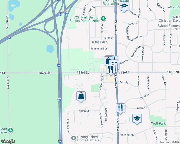 map of restaurants, bars, coffee shops, grocery stores, and more near 18300 Lavergne Avenue in Country Club Hills