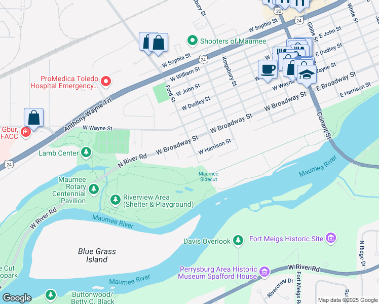 map of restaurants, bars, coffee shops, grocery stores, and more near 619 West Harrison Street in Maumee