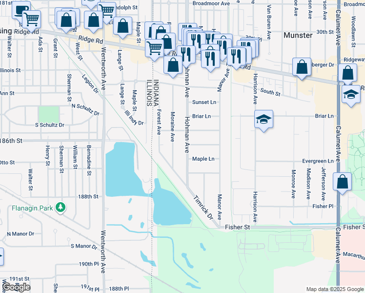 map of restaurants, bars, coffee shops, grocery stores, and more near 8602 Hohman Avenue in Munster