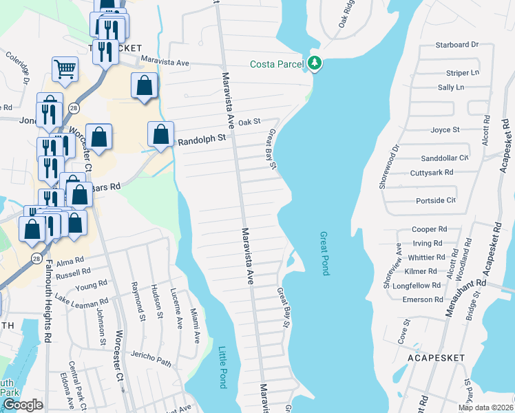 map of restaurants, bars, coffee shops, grocery stores, and more near 54 Cedar Street in Falmouth