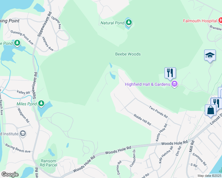 map of restaurants, bars, coffee shops, grocery stores, and more near 79 Riddle Hill Road in Falmouth