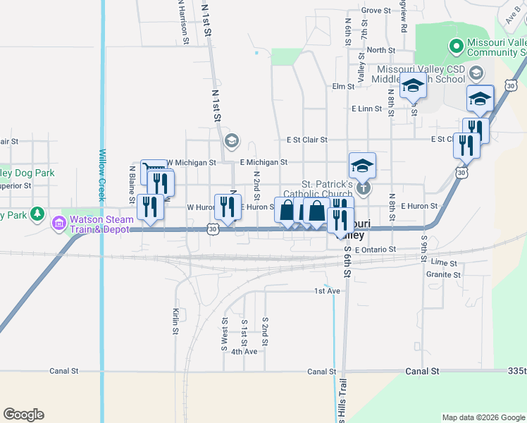map of restaurants, bars, coffee shops, grocery stores, and more near 201 North 2nd Street in Missouri Valley