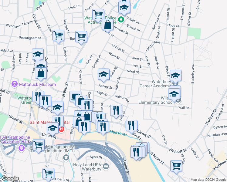 map of restaurants, bars, coffee shops, grocery stores, and more near 163 Walnut Street in Waterbury