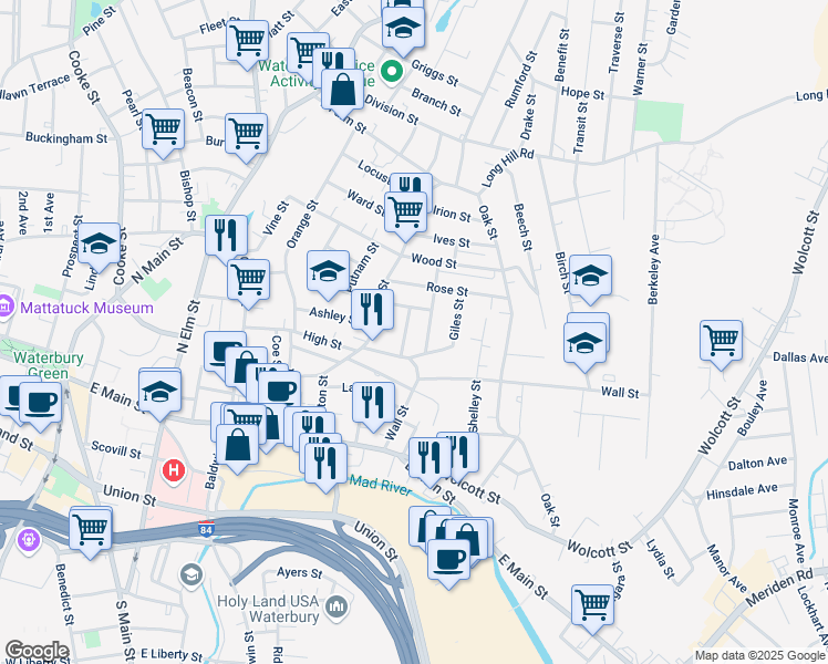 map of restaurants, bars, coffee shops, grocery stores, and more near 37 Vermont Street in Waterbury