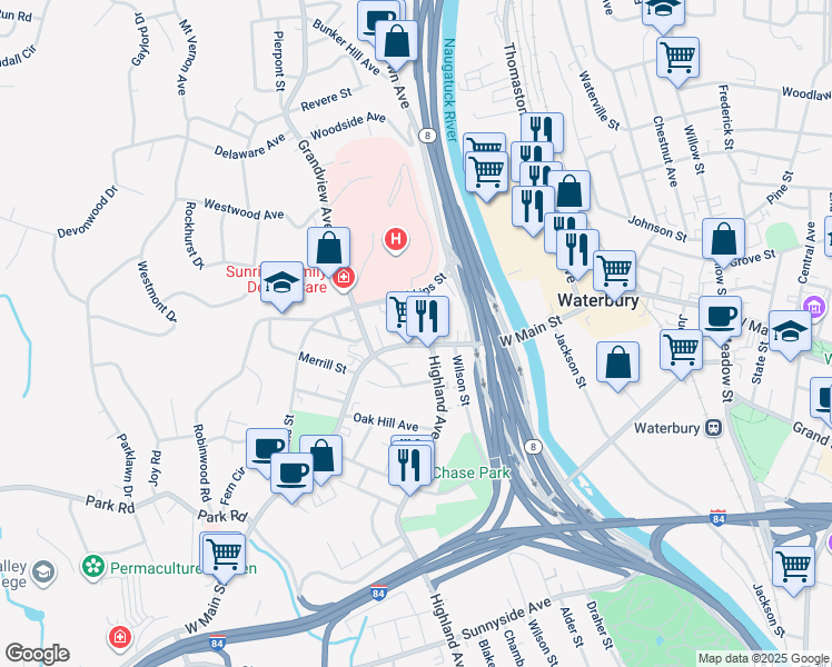 map of restaurants, bars, coffee shops, grocery stores, and more near 4 Colley Street in Waterbury