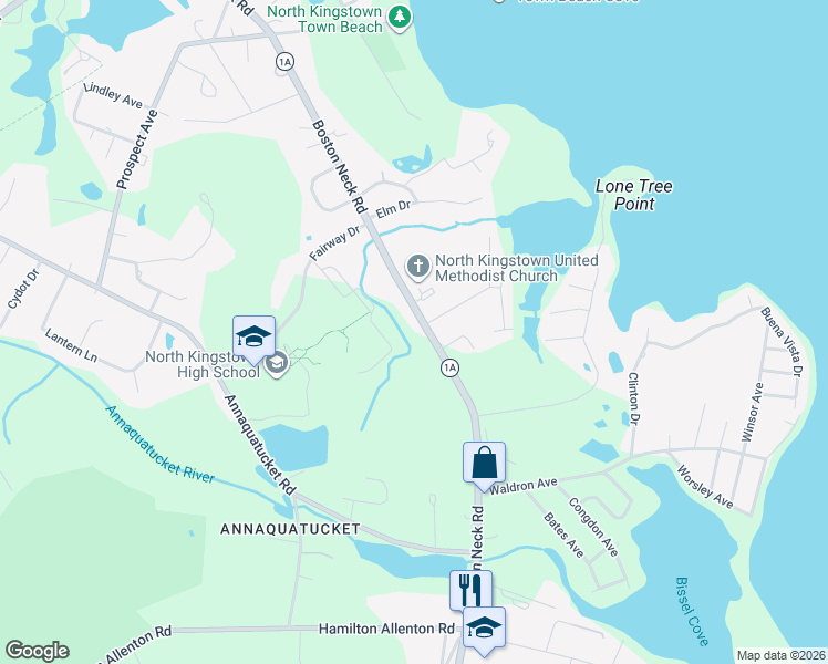 map of restaurants, bars, coffee shops, grocery stores, and more near 489 Boston Neck Road in North Kingstown