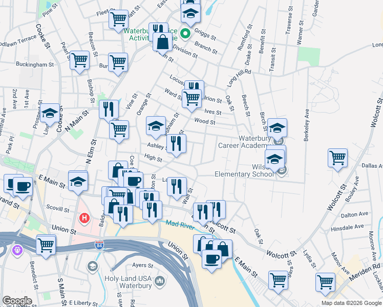 map of restaurants, bars, coffee shops, grocery stores, and more near 37 Vermont Street in Waterbury