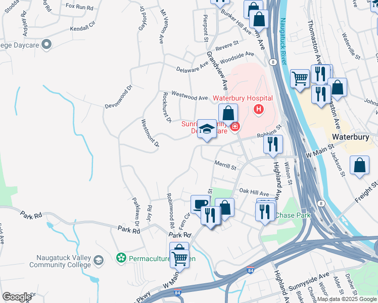 map of restaurants, bars, coffee shops, grocery stores, and more near 337 Robinwood Road in Waterbury