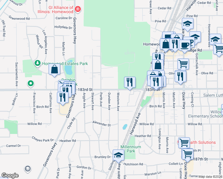 map of restaurants, bars, coffee shops, grocery stores, and more near 2440 183rd Street in Homewood