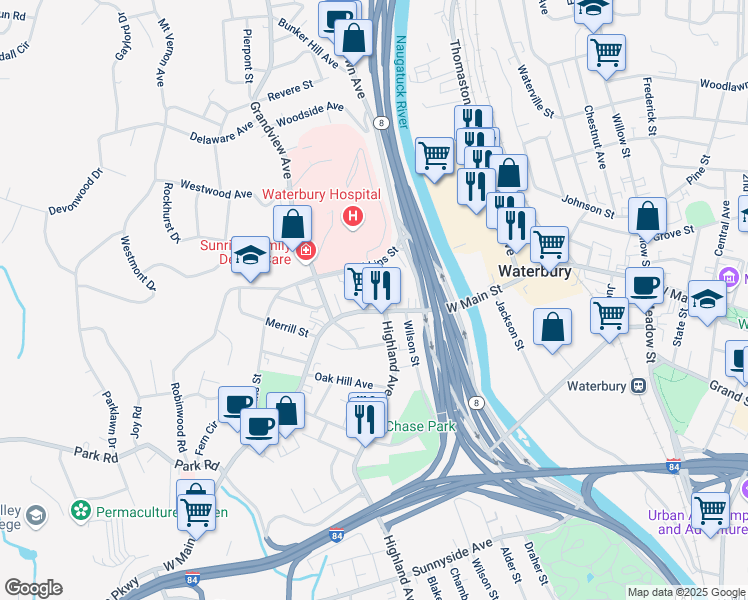 map of restaurants, bars, coffee shops, grocery stores, and more near 2 Colley Street in Waterbury