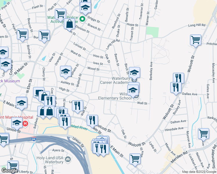 map of restaurants, bars, coffee shops, grocery stores, and more near 112 Shelley Street in Waterbury