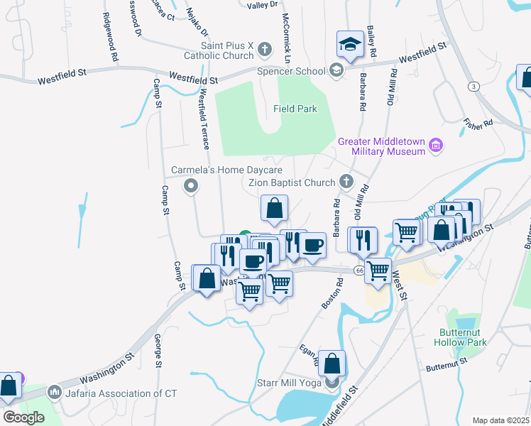 map of restaurants, bars, coffee shops, grocery stores, and more near 202 Plaza Drive in Middletown