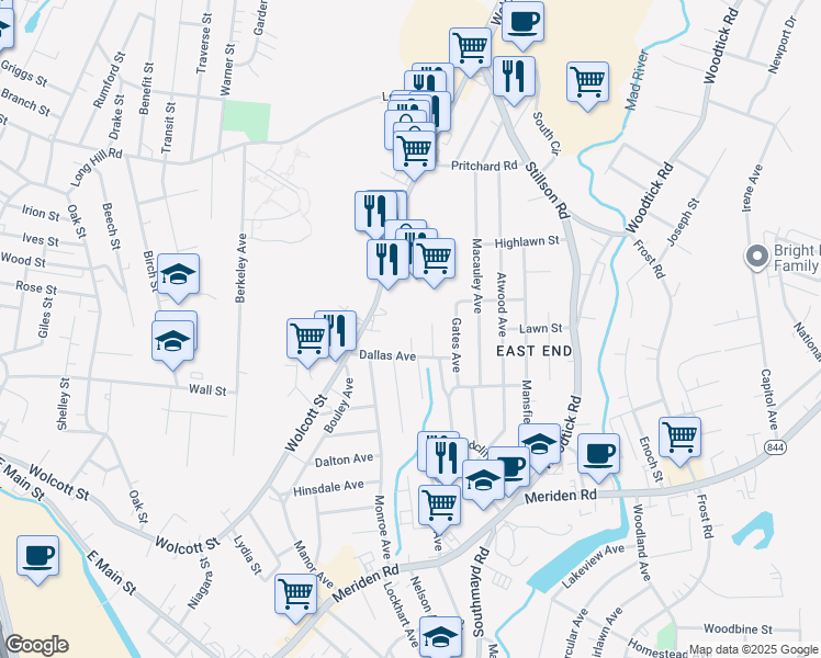 map of restaurants, bars, coffee shops, grocery stores, and more near 27 Lyndale Avenue in Waterbury