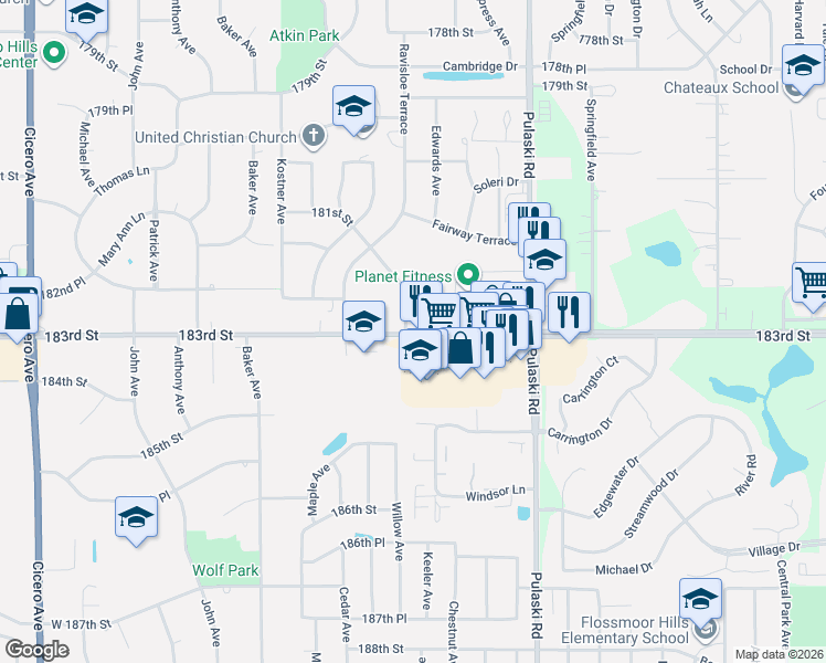 map of restaurants, bars, coffee shops, grocery stores, and more near 4230 181st St in Country Club Hills