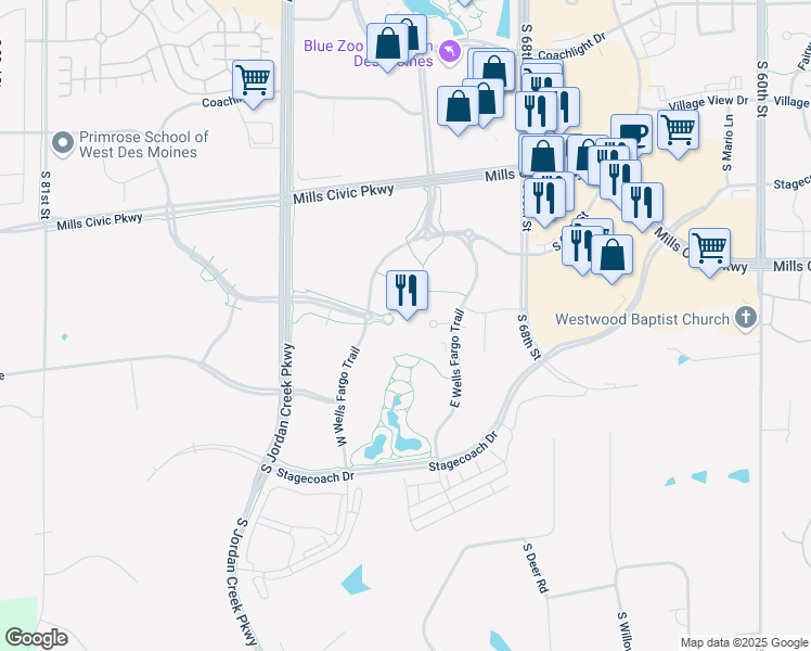 map of restaurants, bars, coffee shops, grocery stores, and more near 800 South Jordan Creek Parkway in West Des Moines