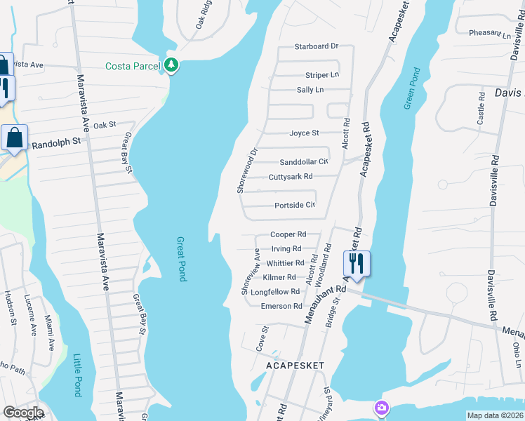 map of restaurants, bars, coffee shops, grocery stores, and more near 121 Portside Circle in Falmouth